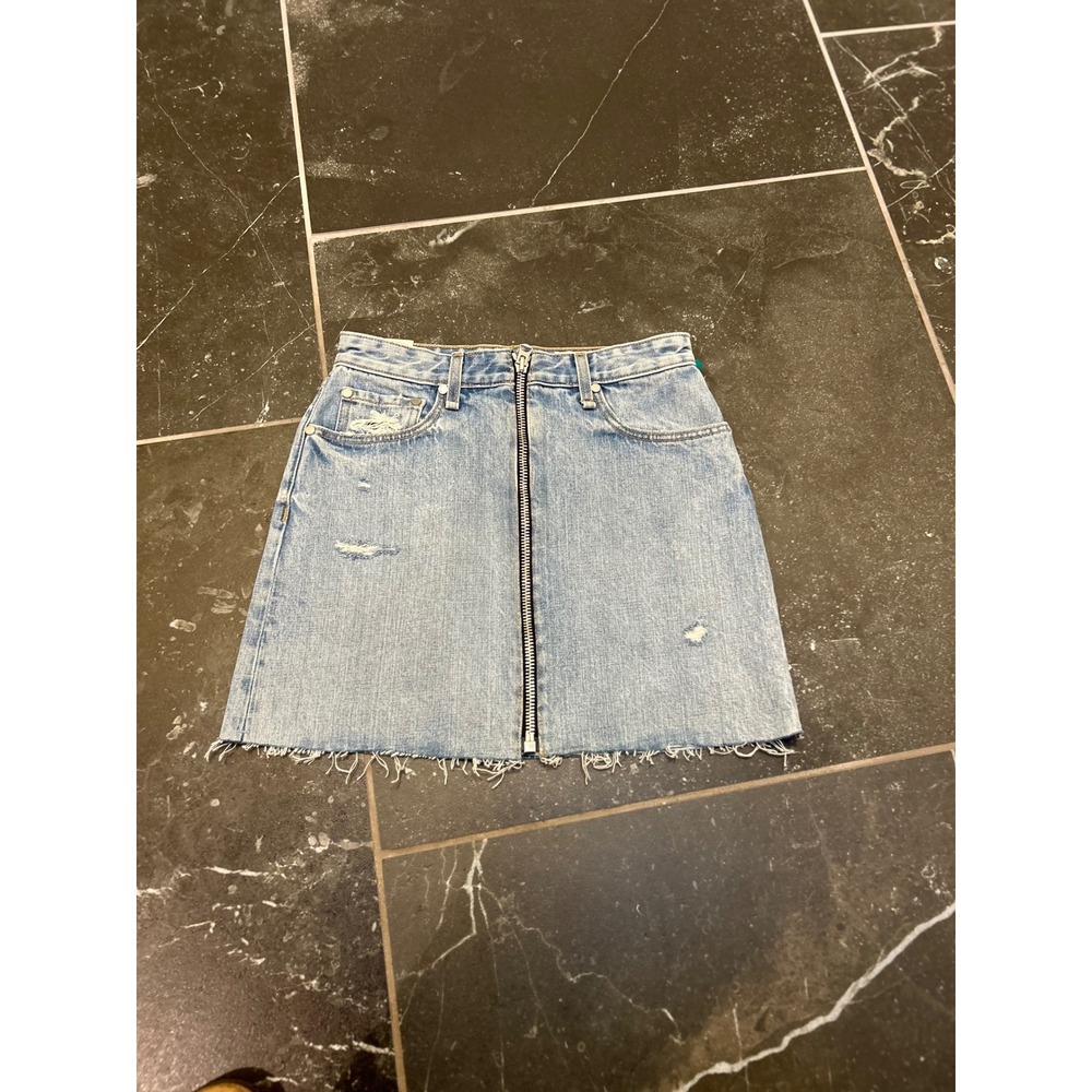 Rag & Bone Mandy Denim Mini Skirt Light Wash Zip Front Distressed Blue Size 24